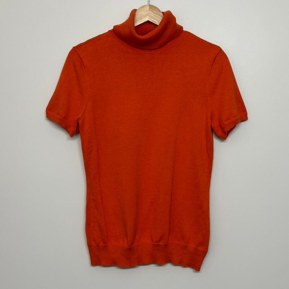 Ralph Lauren Sweater Orange Short Sleeve Turtle Neck Stretch Knit Preppy Fall